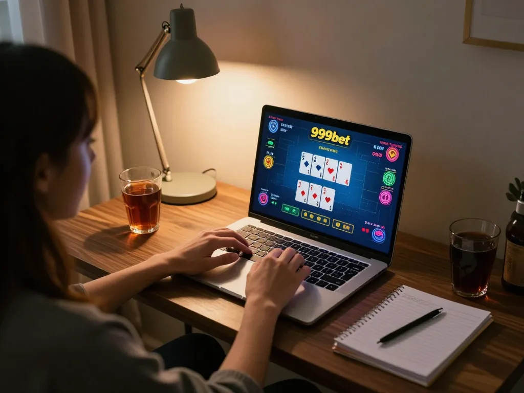 Engaged user playing blackjack on 999bet from a cozy home setup with warm lighting and strategic notes.