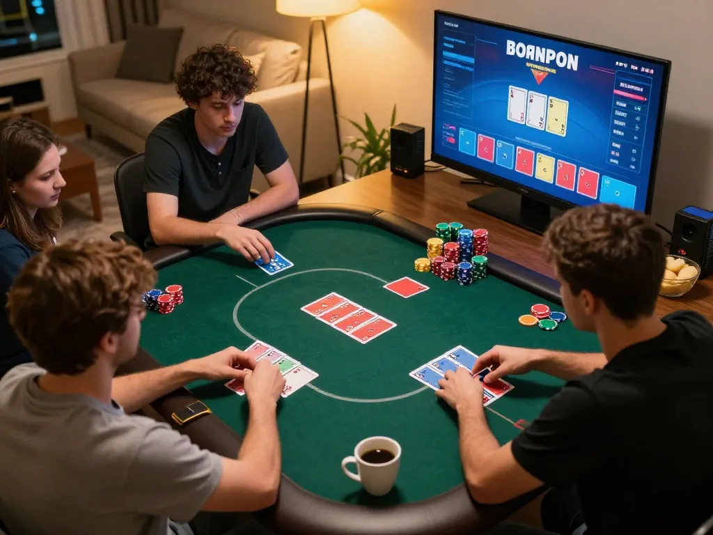 Player strategizing during an online casino game on 88okwin, focused on poker gameplay with snacks nearby