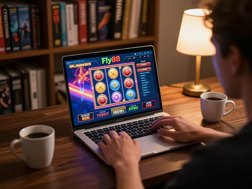 Player engaging with the fly88 online casino on a laptop, showcasing colorful slot games and a cozy home setting