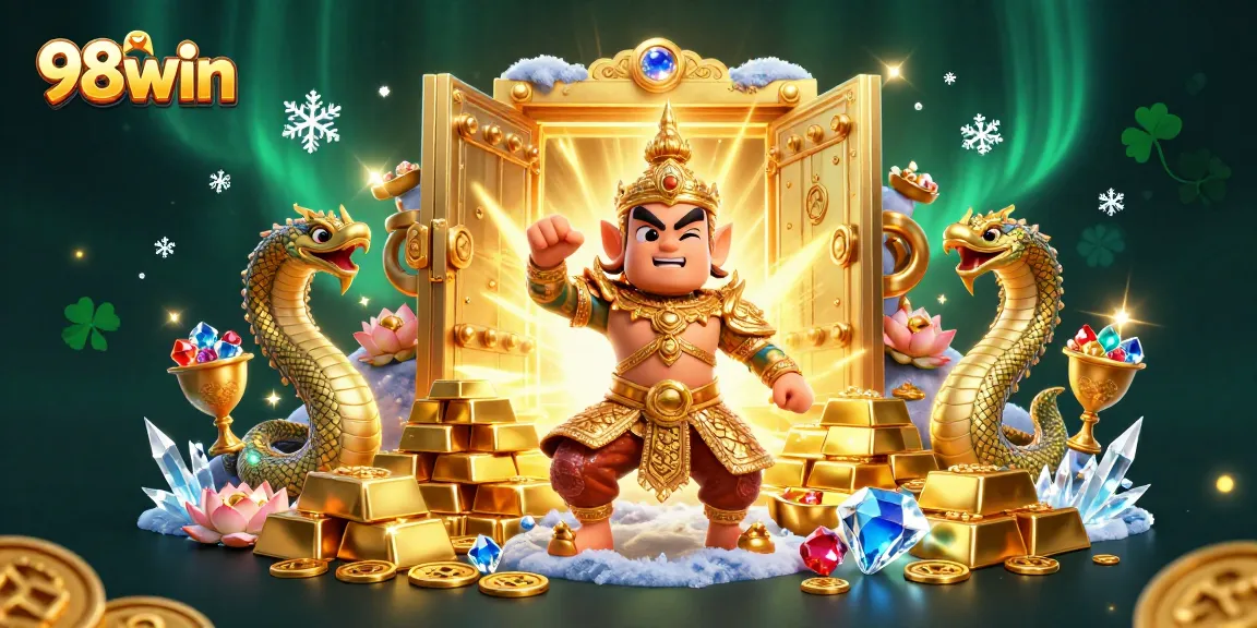 Experience premium gaming with 98win at a vibrant online casino featuring gold treasures and thrilling characters.