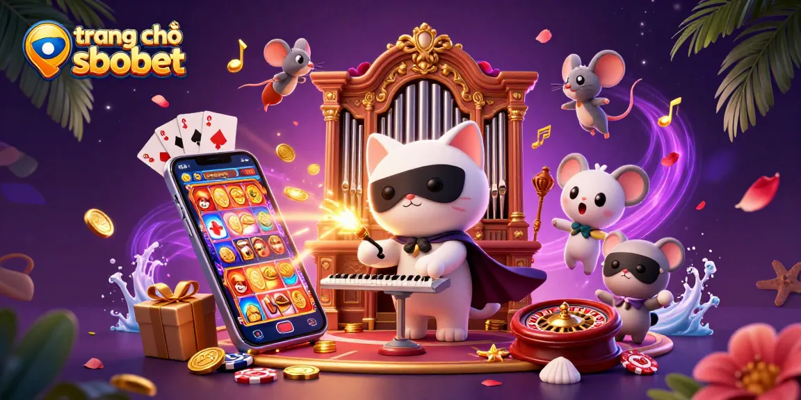 Engage with the vibrant world of trang chủ sbobet, featuring a captivating casino scene with a phantom cat, acrobatic mouse, and gaming elements.