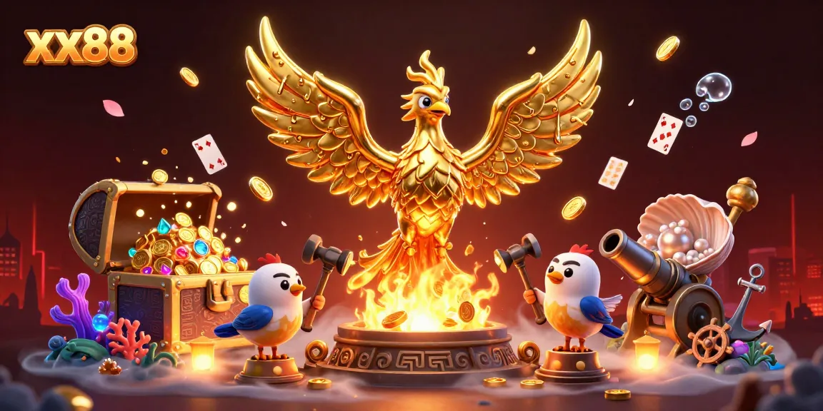 Experience exciting gameplay with xx88 as molten golden phoenix delivers treasures in a vibrant casino scene.