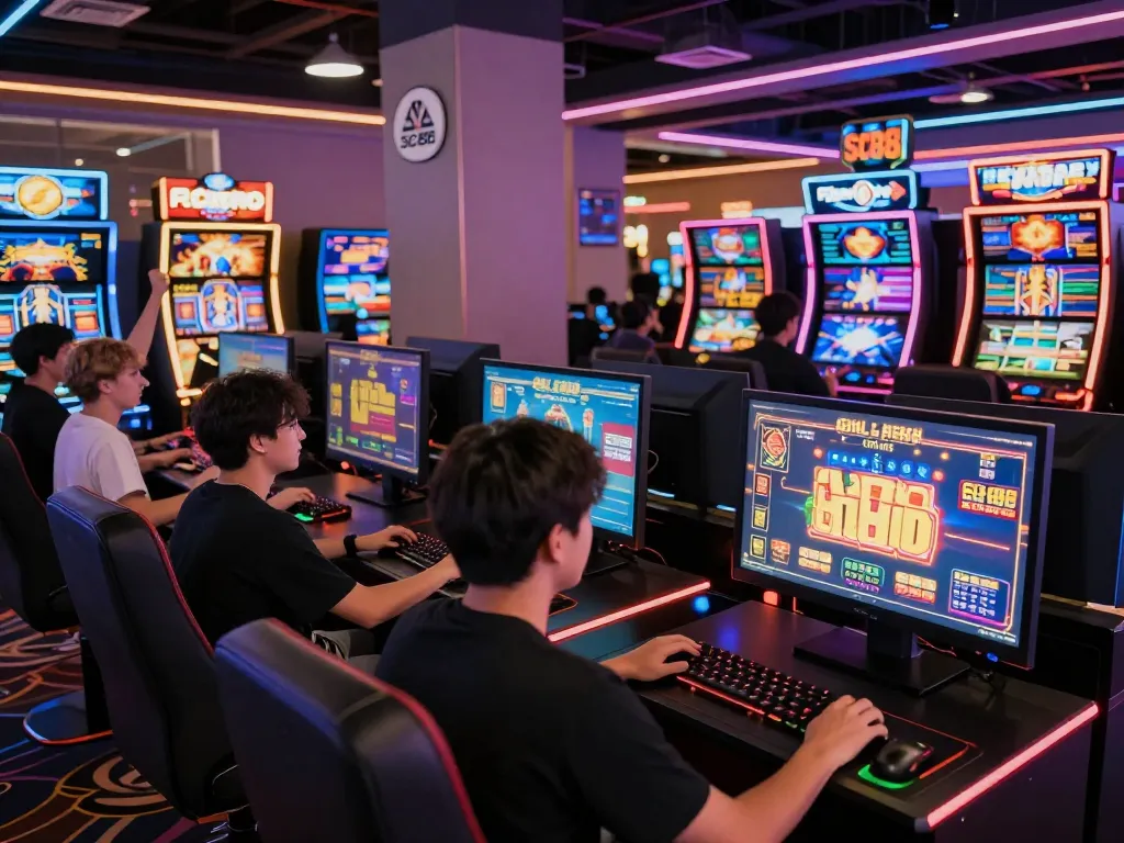 Interactive online gaming ambiance at https://sc88e.com/ featuring diverse players celebrating wins and strategizing.