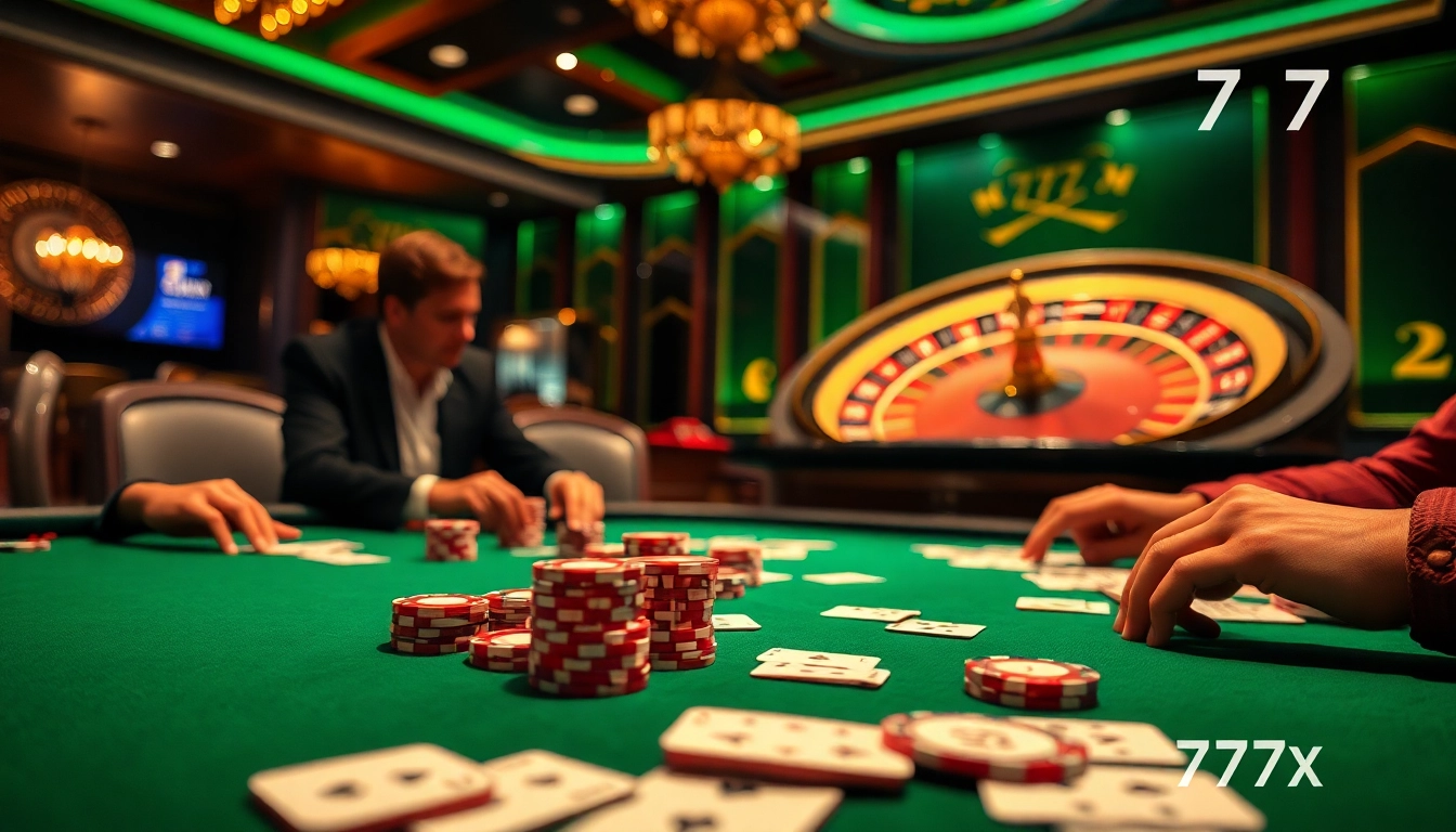 A captivating casino scene showcasing a high-stakes poker game at 777X with luxurious chips and cards.