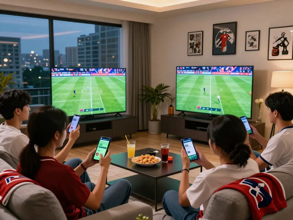 Friends enjoying a lively betting night with kèo nhà cái hôm nay displayed on screens.