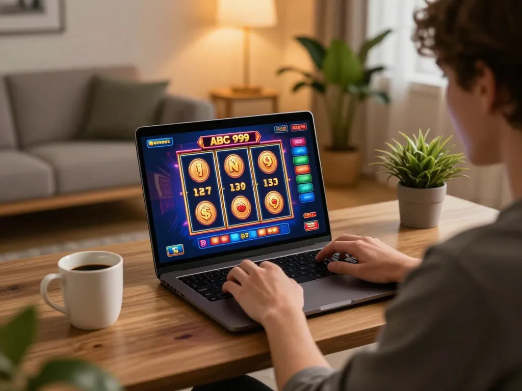 Player engaging with ABC 999 casino games on laptop in a cozy home setting, demonstrating online gaming.