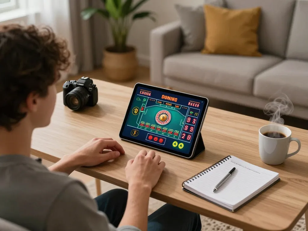 Engaging gameplay on Trang Chủ XO88 with a vibrant online casino experience at home, featuring a roulette game on a tablet.