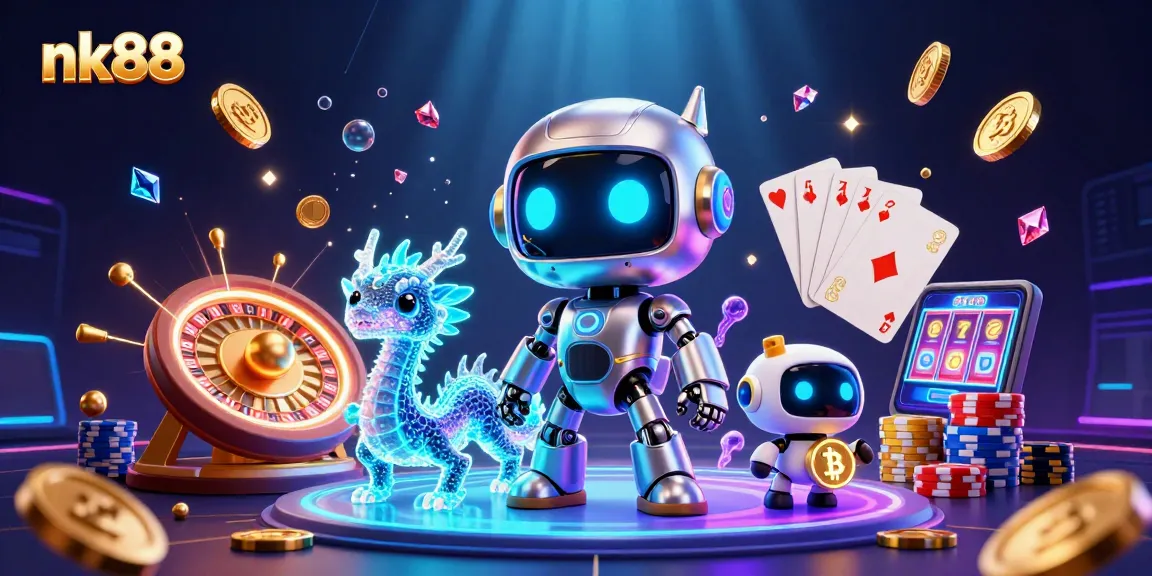 Experience the excitement at nk88 with futuristic characters surrounded by vibrant casino elements.
