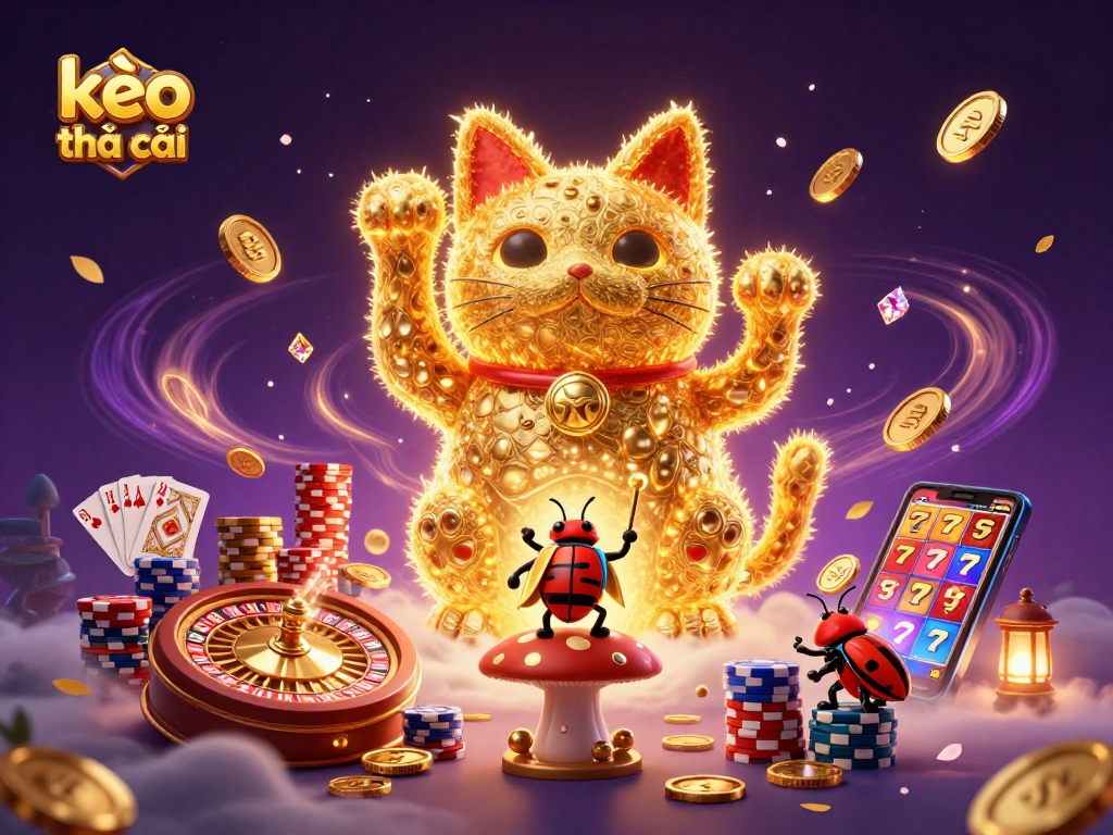 Engage in exciting kèo nhà cái action with a vibrant illustration of a lucky cat by fireflies amidst dynamic casino elements.