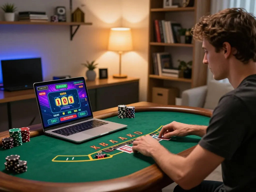 Player enjoying a blackjack game on fabet with dynamic online interface and cozy home setting.