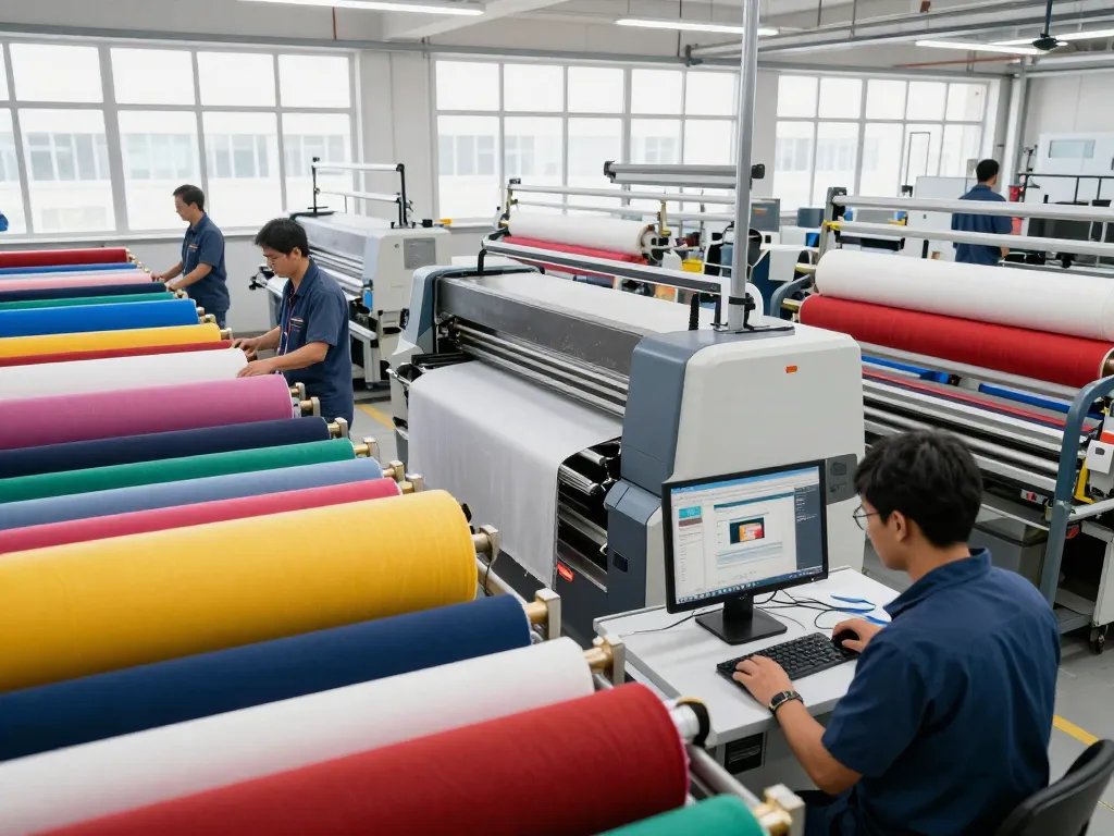 Sunwin textile production showcasing skilled workers and advanced machinery in a vibrant textile facility.