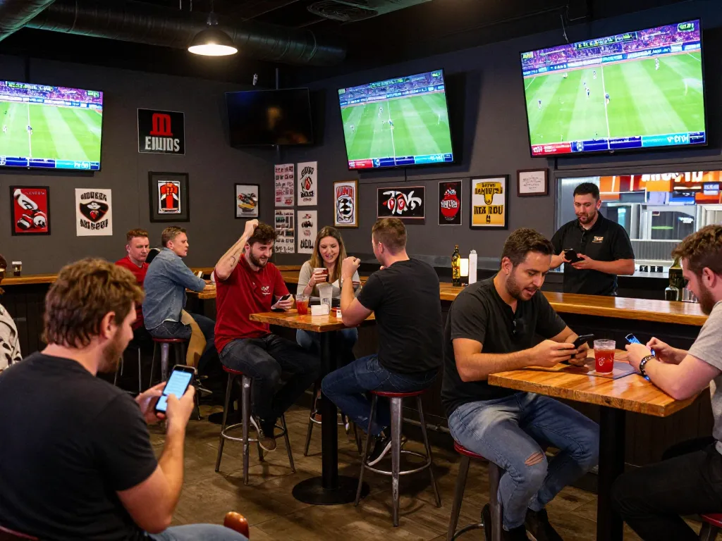 Cheering patrons actively engaging in sports betting at Nowgoal's vibrant sports bar