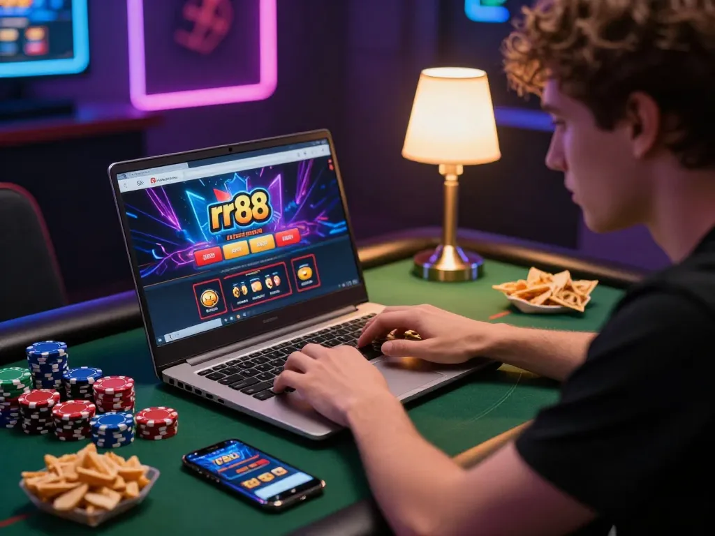 Player exploring rr88 platform on laptop, showcasing engaging online gaming environment.