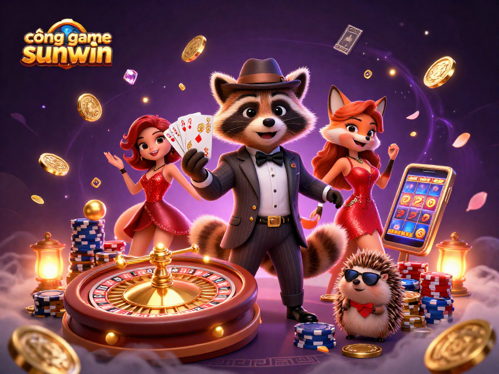 Cascading gold and gem elements surround a vibrant scene showcasing cổng game sunwin's animated characters engaging in thrilling casino action.