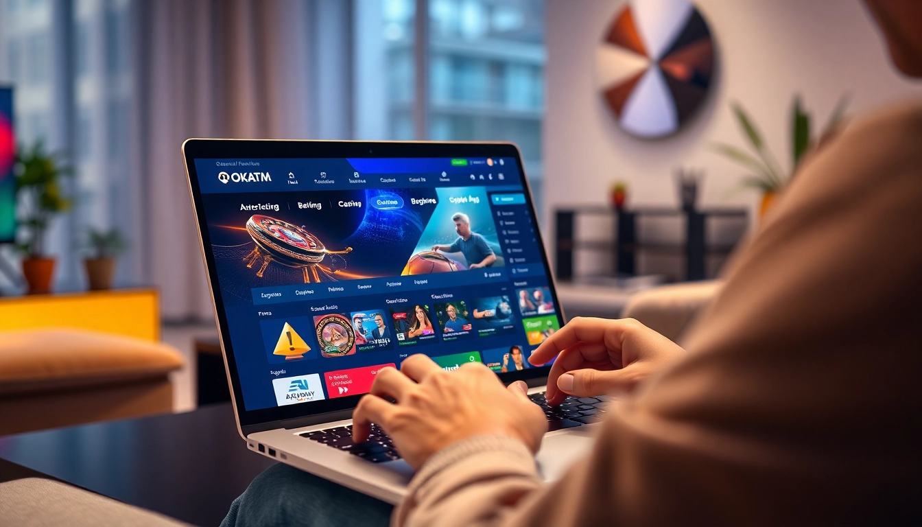 Engaging with the OKATM online betting platform interface on a laptop for thrilling gaming experiences.