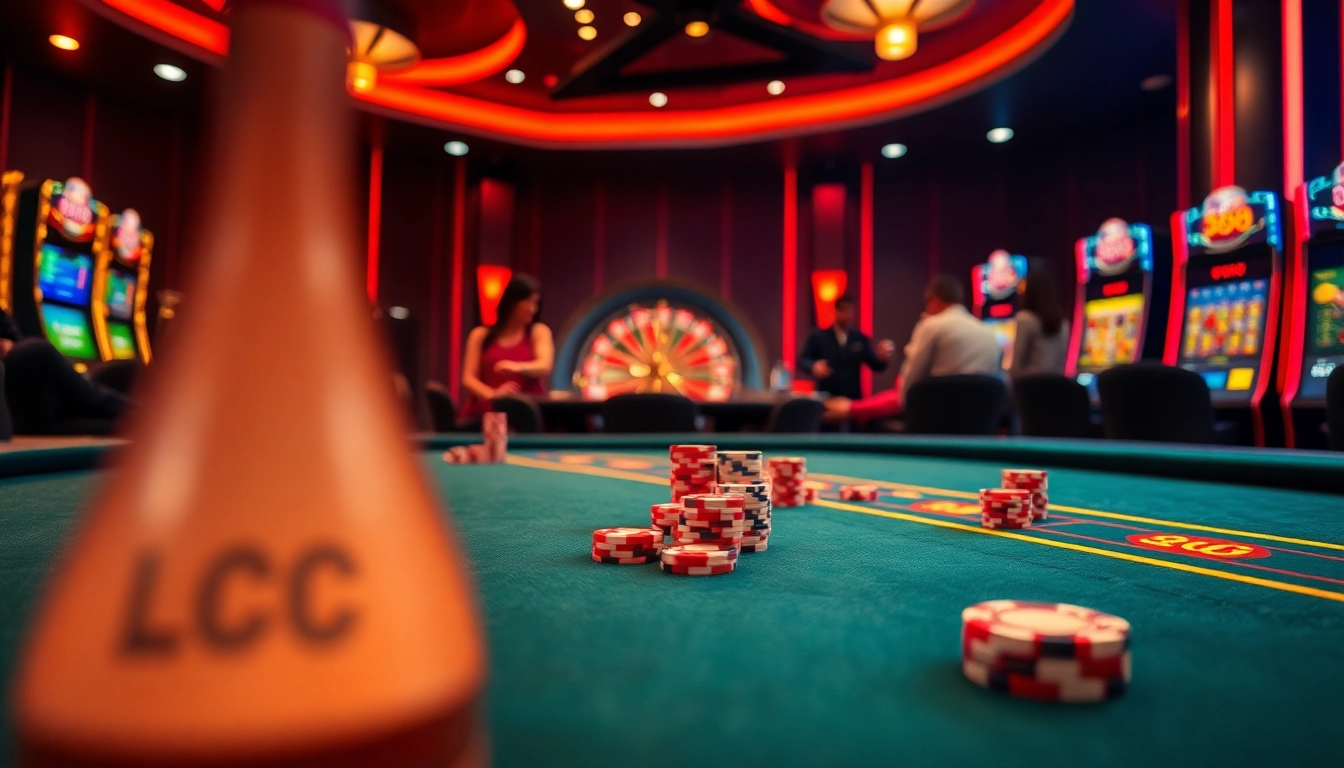 Experience the excitement of LC88 game at an elegant casino table amidst vibrant slot machines.