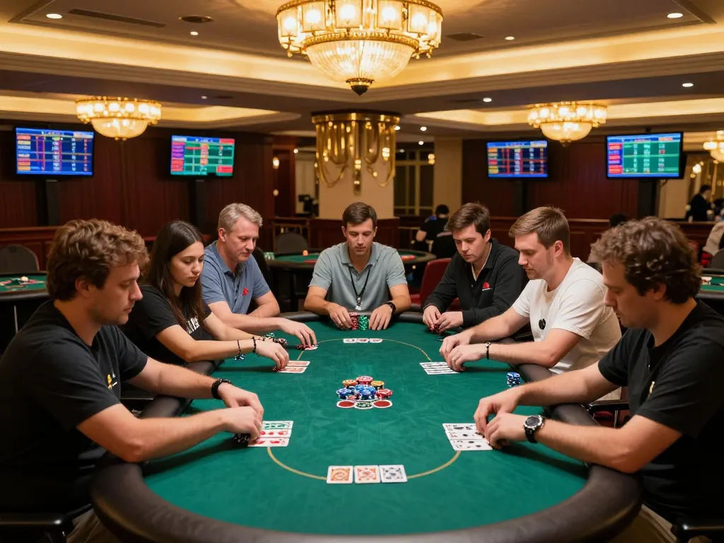 Players placing bets at WALA88 poker tables in a vibrant casino atmosphere