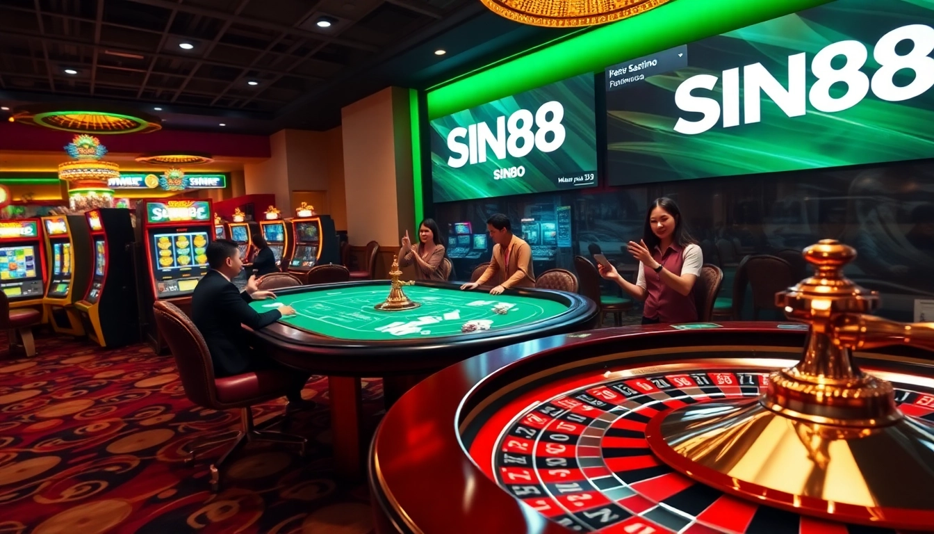 Experience the excitement of SIN88 with vibrant casino tables, players enjoying roulette, and colorful slot machines.