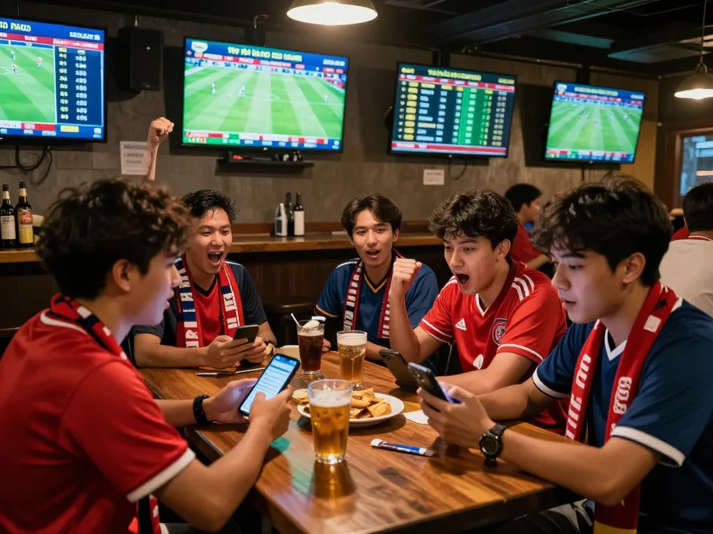 Excited fans analyzing tỷ lệ kèo bóng đá during a football match in a lively bar.