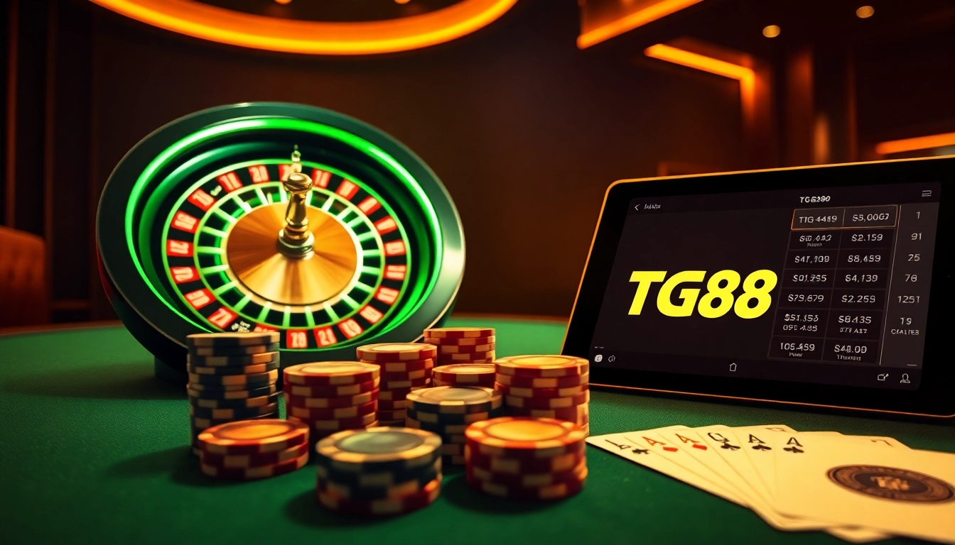 Engaging TG88 online roulette wheel spinning with vibrant poker chips and digital betting slip in view