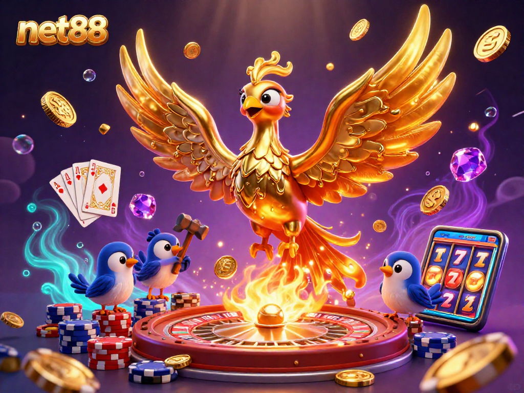 Engage with thrilling net88 casino games in a vibrant 3D scene filled with golden elements.