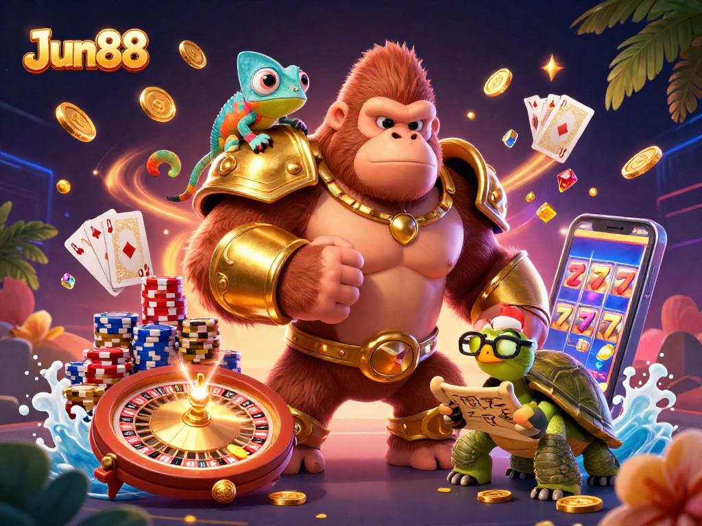 Experience excitement with Jun88 as a powerful gorilla dominates the 3D casino scene.