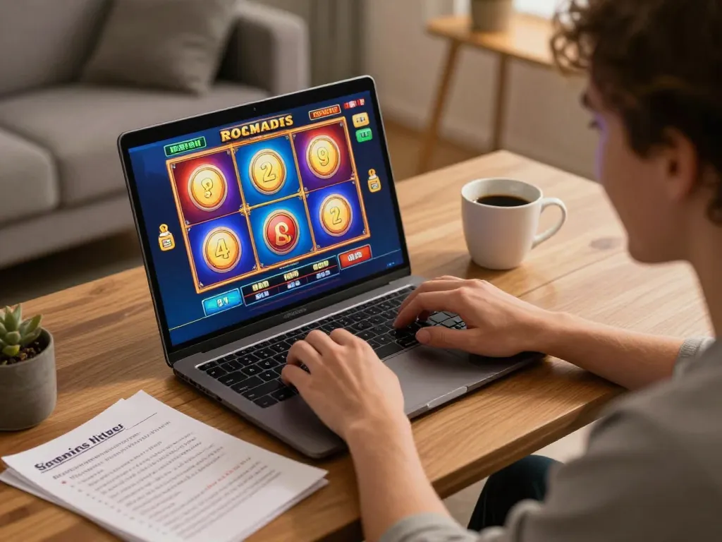 Engaging in online slots at home with 78WIN on the screen, vibrant atmosphere and strategic notes.