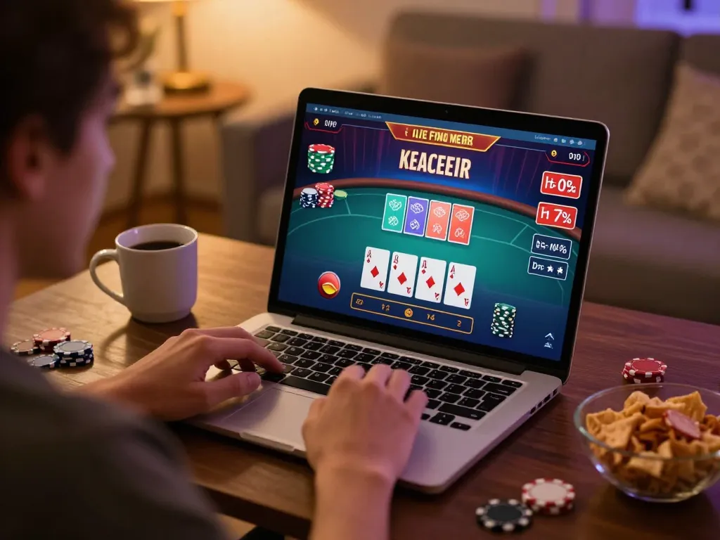 Engaging in an online gaming session with EK333 featuring live poker action and cozy home setup