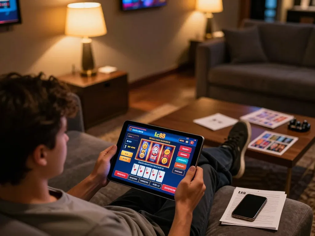 Engaging with lc88 online casino on a tablet in a cozy home setting.