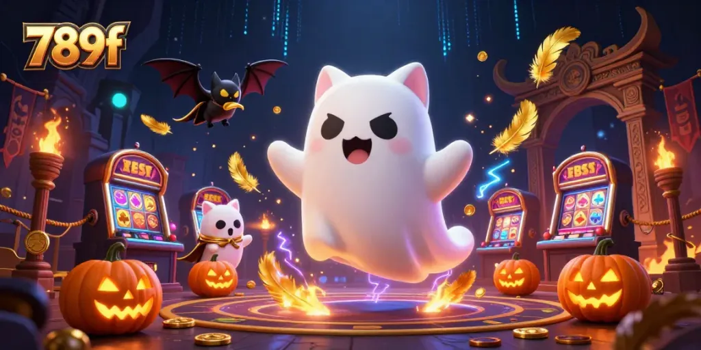 Engage with 789f's whimsical casino scene, featuring a floating ghost cat and vibrant symbols, ready to win.