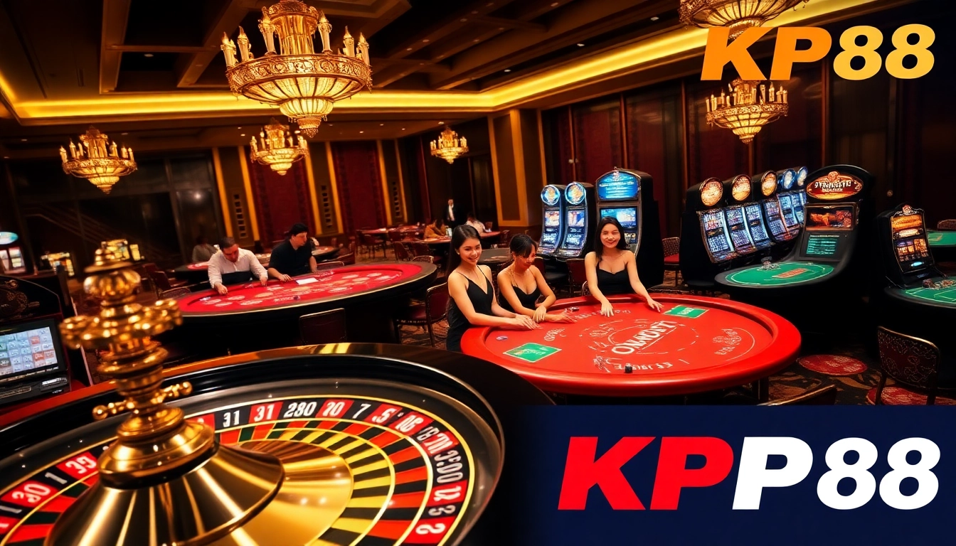 Players enjoying the excitement at KP88's vibrant casino tables and slot machines.