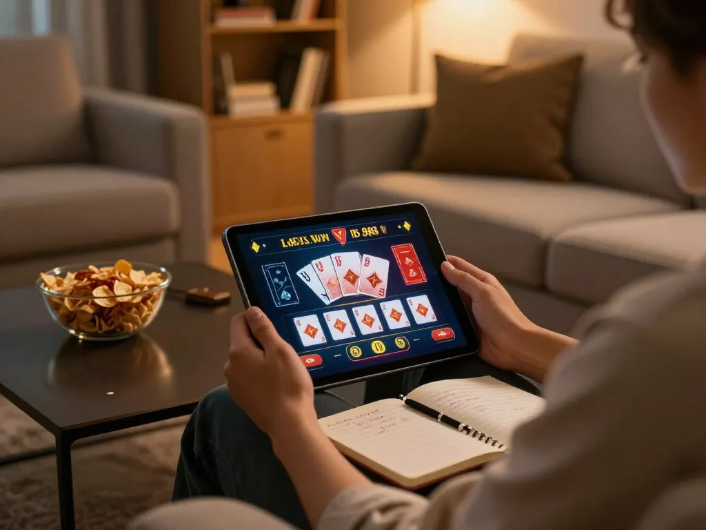 Player enjoying LV88 casino games on tablet in a cozy home setting.