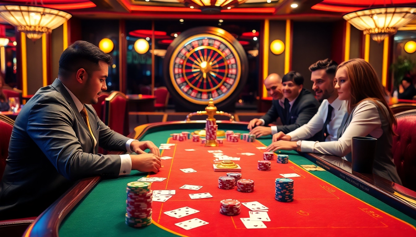 Go8 casino players engaging at an exciting gaming table with vivid poker chips in a luxurious setting.