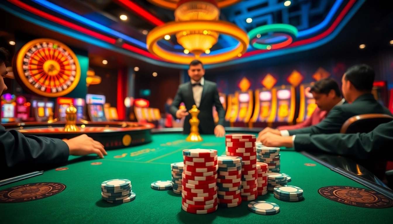 Experience thrilling poker gameplay at NOHU90's luxurious casino tables, vibrant poker chips in focus.