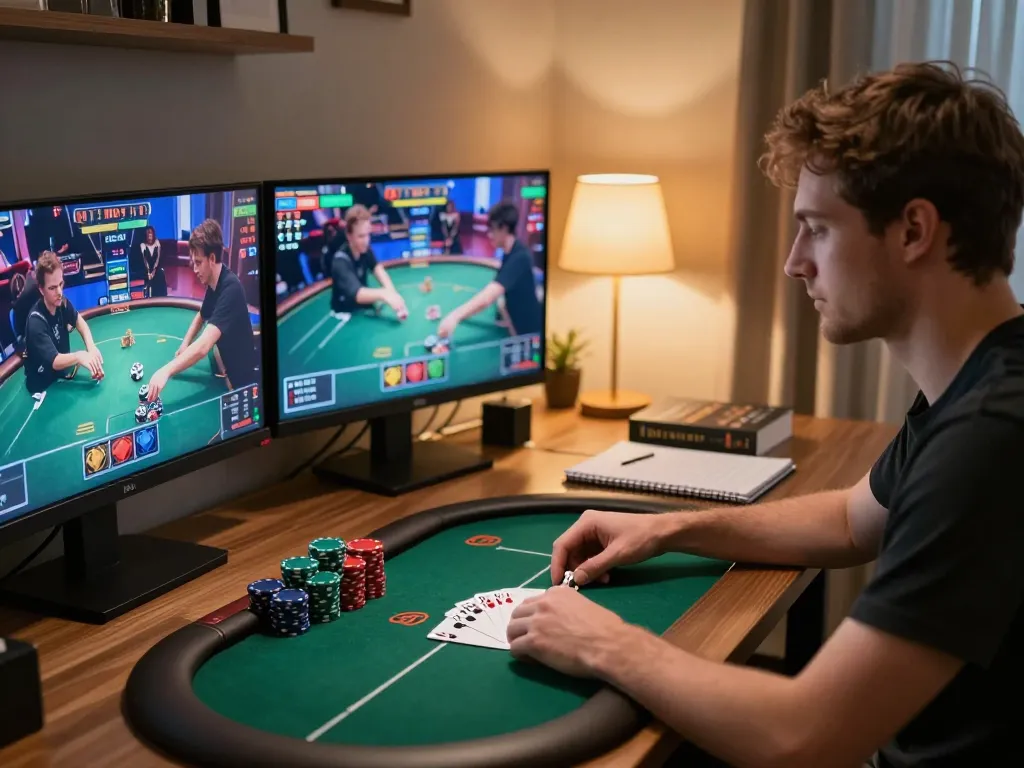 Player strategizing in soibetzz high-stakes poker game at home office