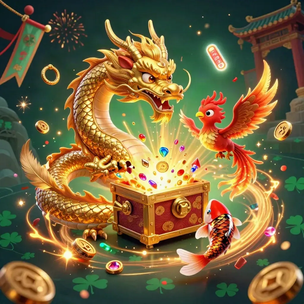 Golden dragon, phoenix, and koi with treasure, temple gate, confetti, fireworks, and glowing casino effects.