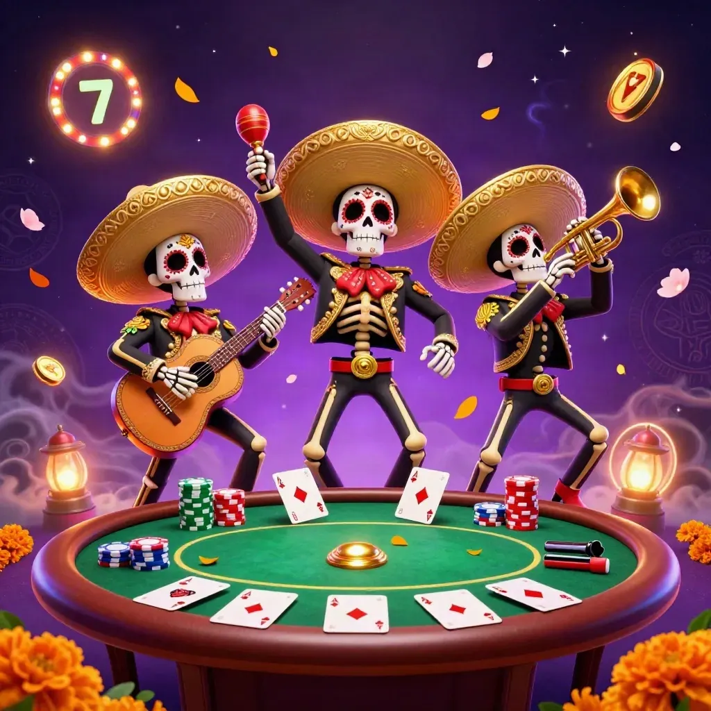 Three Day-of-the-Dead mariachi skeletons amid chips, cards, gold glow and purple magic.