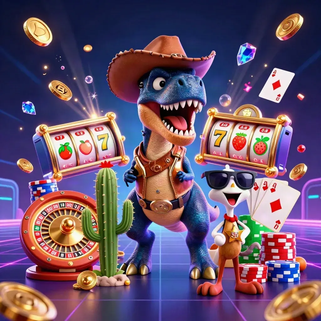 Cowboy T-Rex, cactus sidekick, and sheriff roadrunner amid coins, chips, reels, and roulette wheel.