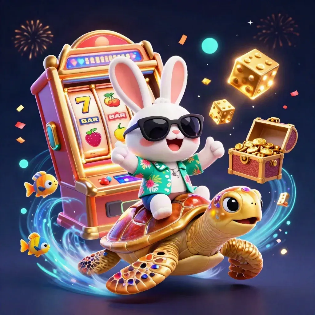 Lucky rabbit rides a gold turtle as slot symbols burst in a glowing casino splash scene.