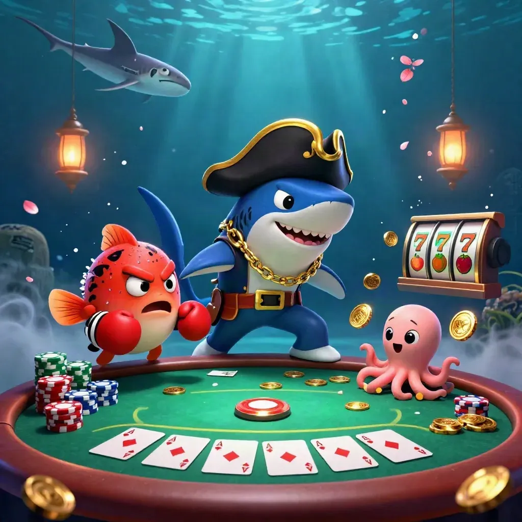Cartoon pirate shark, boxing pufferfish, and coin-juggling octopus over casino chips in glowing underwater neon.