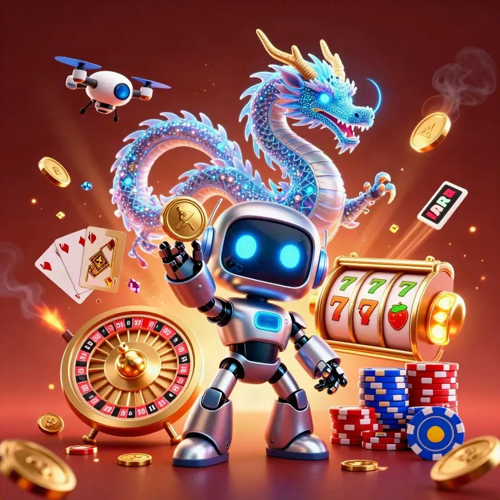 Cyberpunk robot, holographic dragon, and drone amid coins, chips, reels, and jackpot sparks
