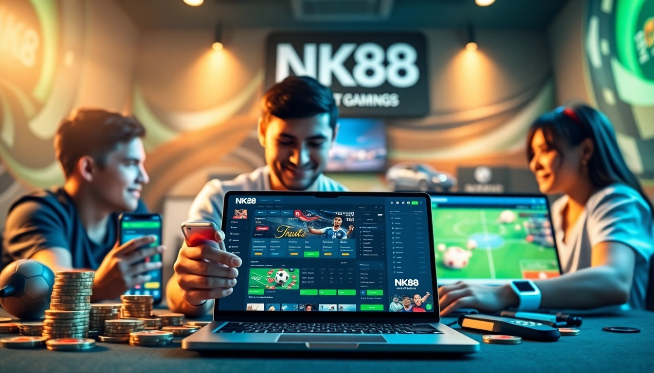 Engaging online gaming scene showcasing nk88 com platform on digital devices, highlighting sports betting excitement.
