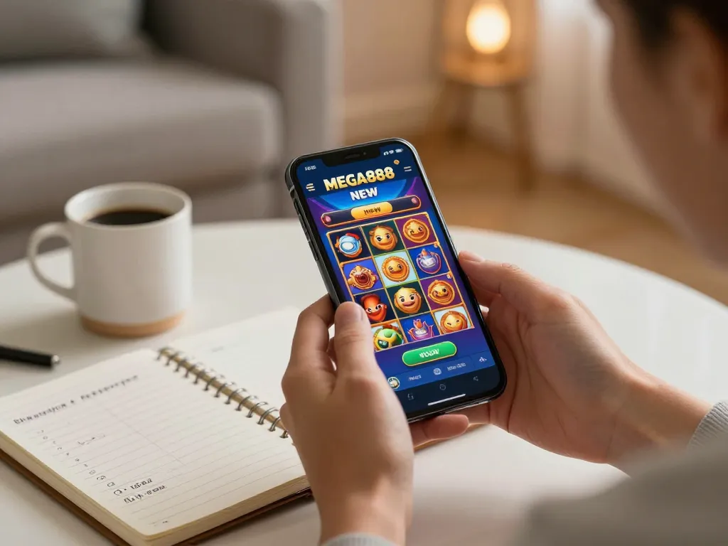 Play the MEGA888 NEW app on smartphone showcasing vibrant slot graphics in a cozy setting.