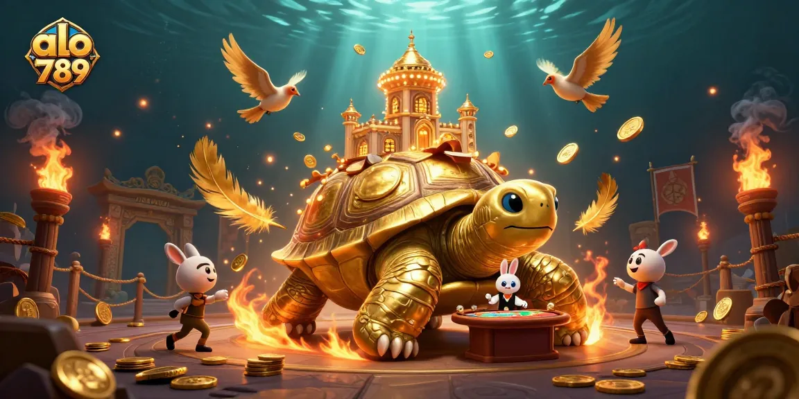 Engage in the thrilling arena of alo 789, featuring a golden tortoise casino and rabbit dealer amidst gold coins.