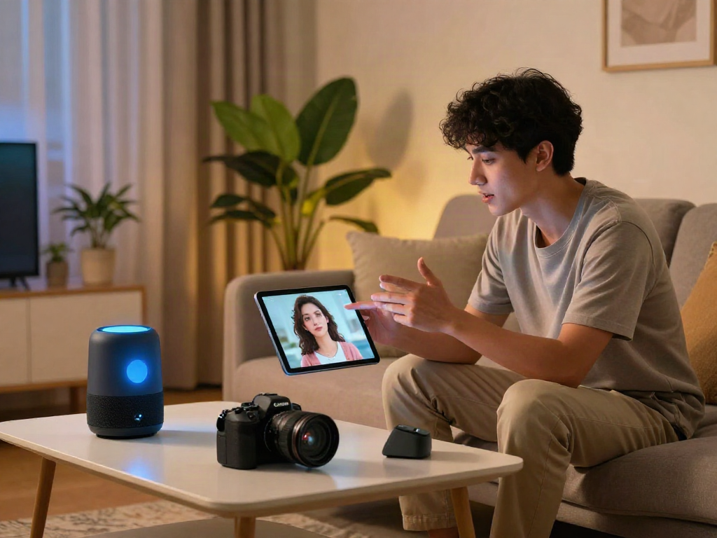 AI girlfriend interaction in a stylish modern living room, showcasing a tech-savvy lifestyle.