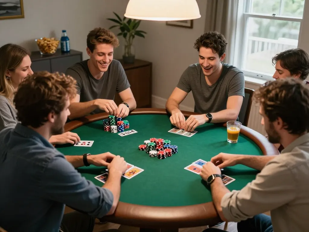 Engaging poker game at home showcasing excitement, friends enjoying social gambling around the table, integrating fun with strategic elements, capturing true essence of trang chủ vmax.