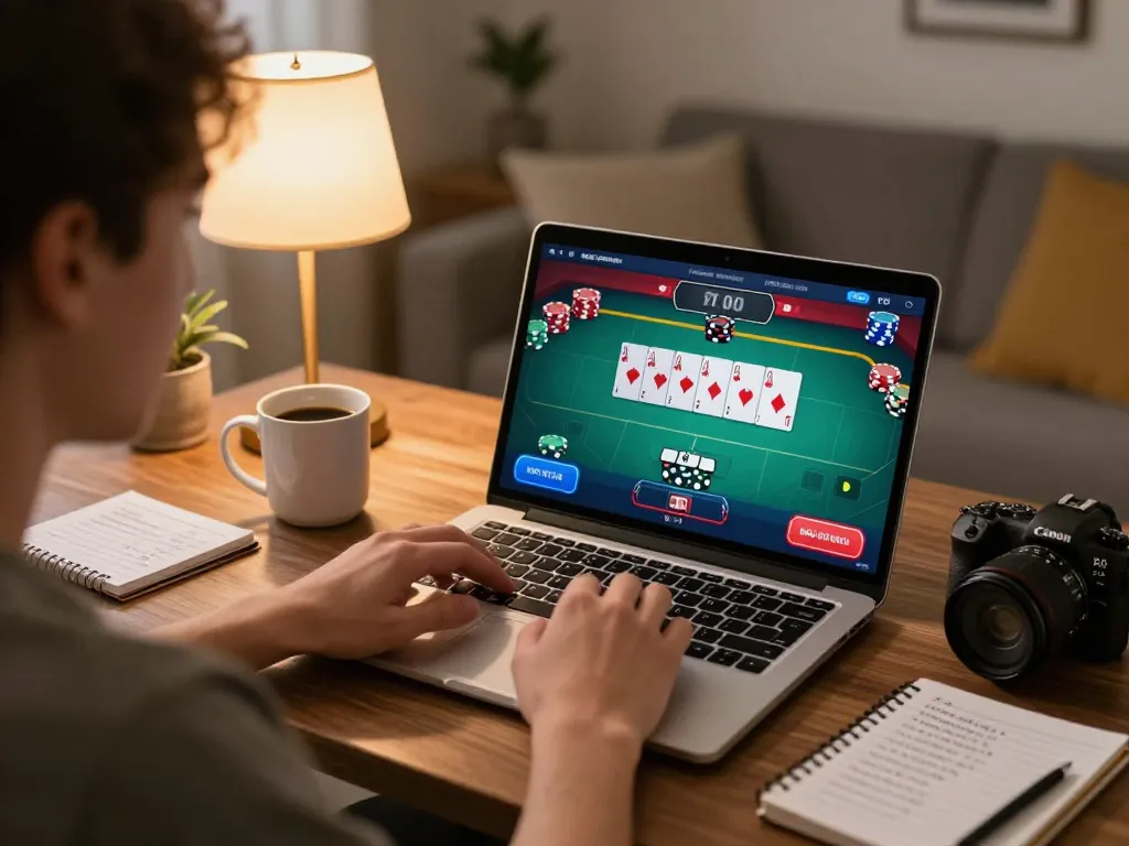 Nohu online gaming session with player engaging in poker strategy while seated comfortably at home.