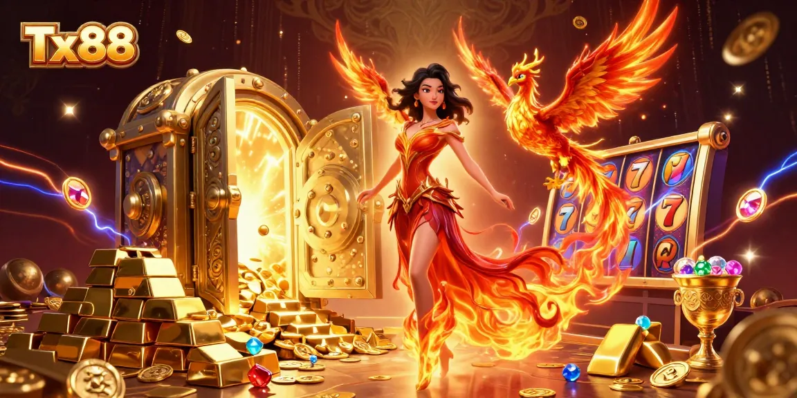 Experience the thrill of Tx88 with vibrant slot reels and golden treasure in a captivating casino scene.