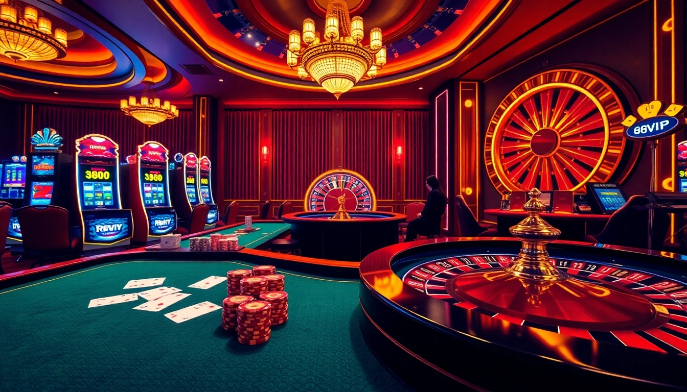 An exciting casino scene at 68VIP featuring vibrant tables and luxurious slot machines.