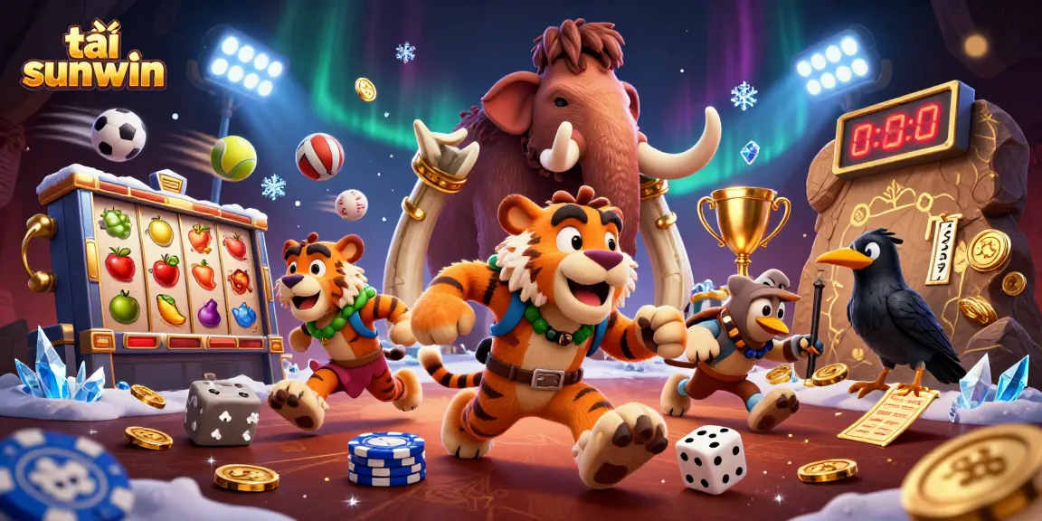 Engage with tải sunwin in a vibrant 3D casino scene featuring caveman, tiger, and crow.
